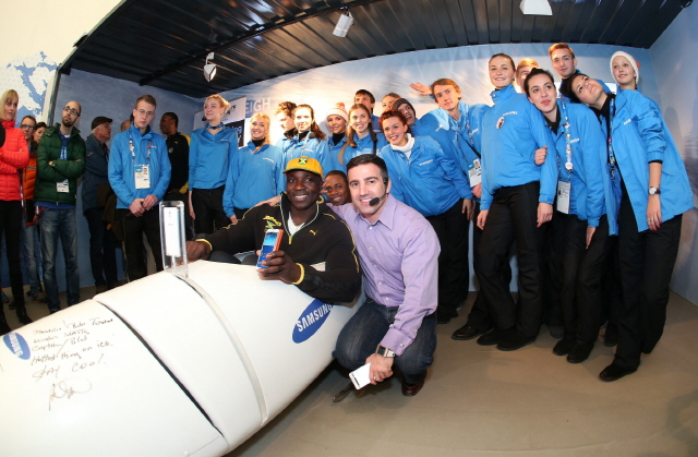 Jamaican bobsledders at the Samsung Galaxy Studio Olympic Park to speak about their inspirational journey to Sochi 2014 Olympic Winter Games