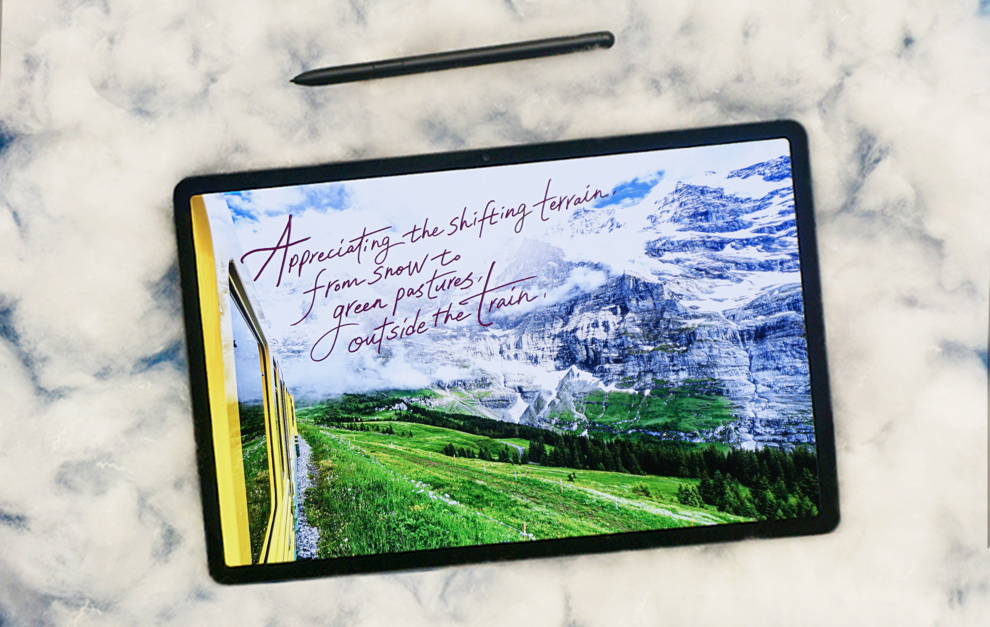 Calligraphy drawn on a photograph using the S Pen on Galaxy Tab S7+