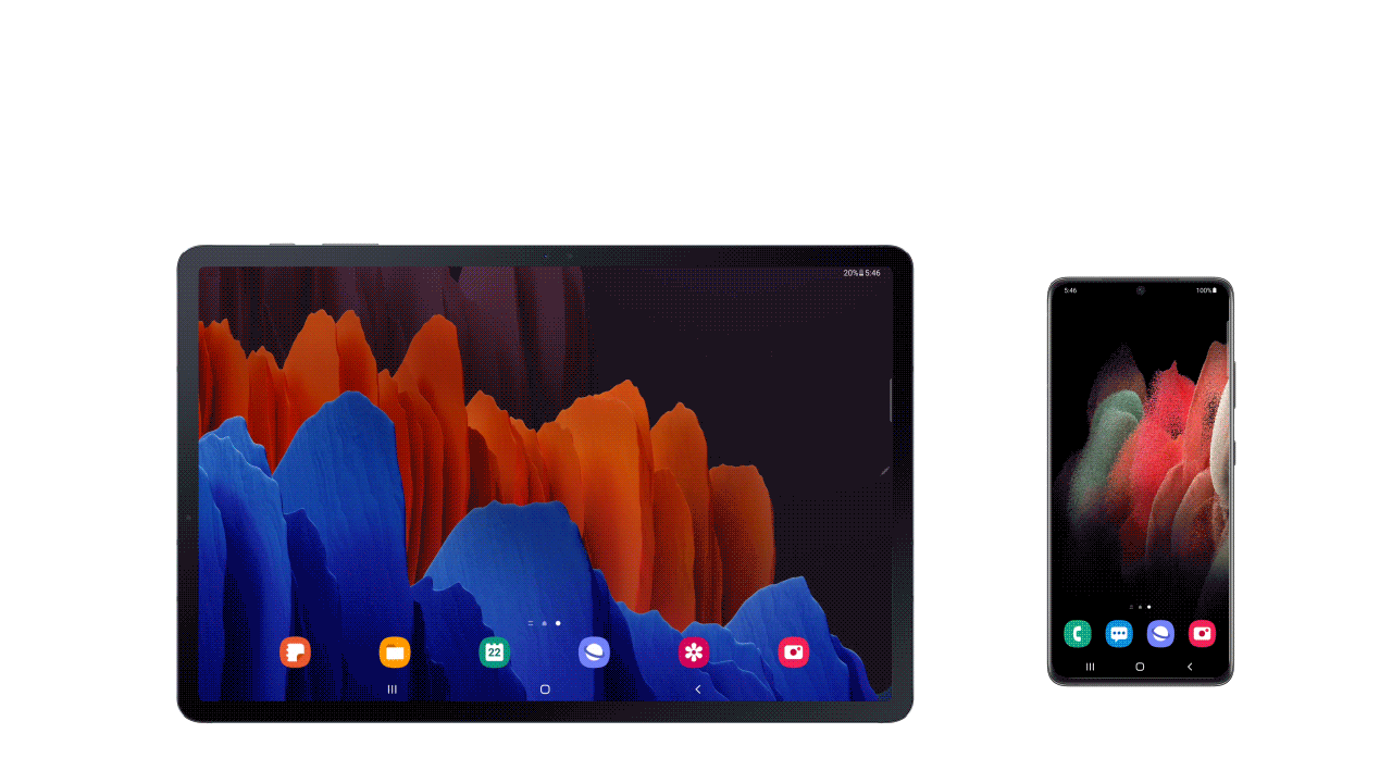 A GIF showing how to use the Continue apps on other devices feature on Galaxy Tab S7+  and Galaxy S21 Ultra as part of One UI 3 update