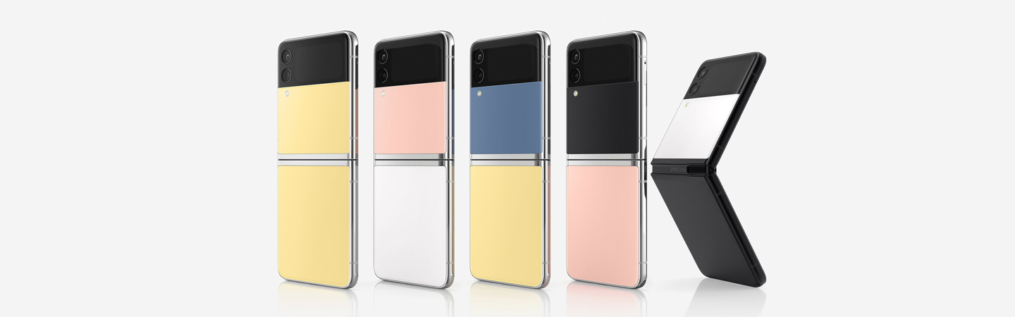 Five Galaxy Z Flip3 Bespoke Edition devices of different colors unfolded standing vertically.