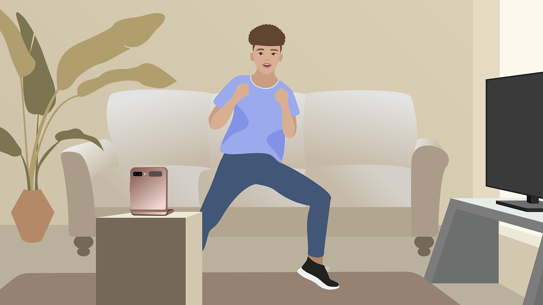 Illustration of a content creator filming a dance challenge video hands-free with the Galaxy Z Flip.