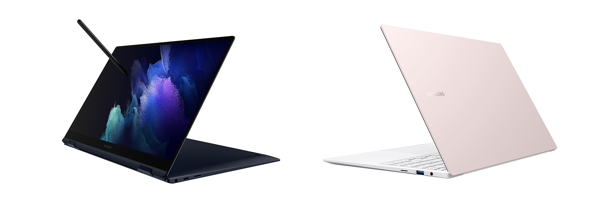 Galaxy Book Pro 360 in mystic navy and Galaxy Book Pro in Mystic Pink Gold
