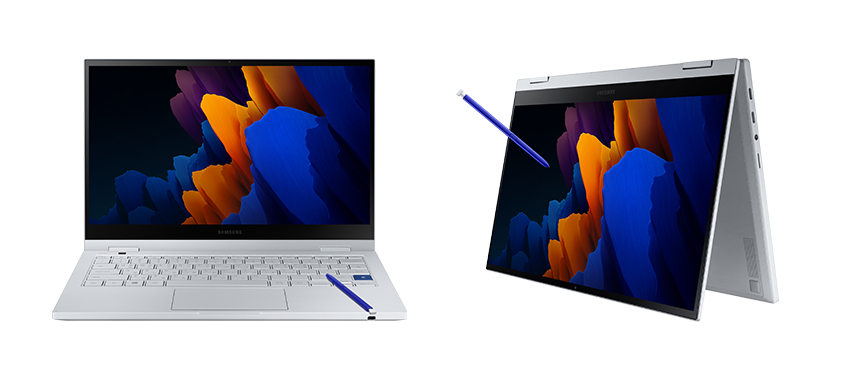 Galaxy Book Flex 5G in Royal Silver, front view and back left view display upright and folded with S Pen.