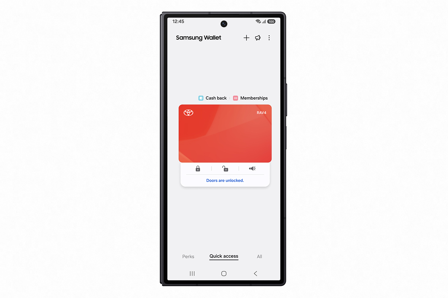 A black Galaxy Z Fold7 featuring the Samsung Wallet interface with the Digital Key for 2026 Toyota RAV4. 