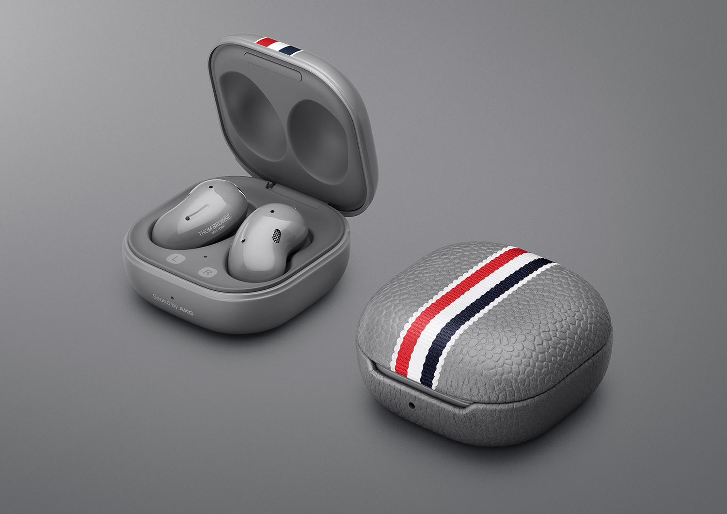 Case for the Galaxy Buds Live Thom Browne Edition. Wide shot.