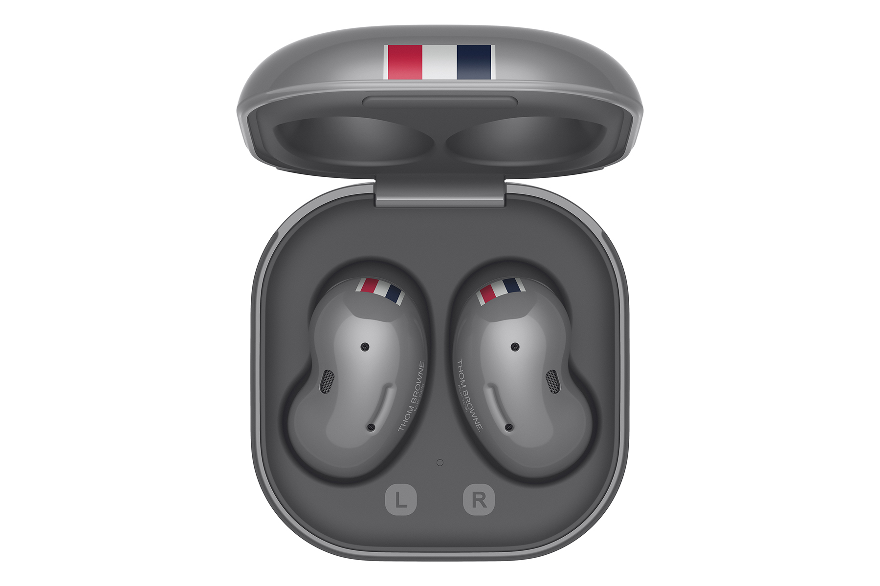 Galaxy Buds Live Thom Browne Edition in case, top view.