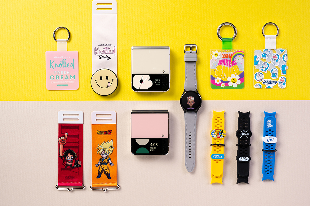 Photo of Galaxy Z Flip3 Galaxy Watch4 Galaxy Buds2 and accessories with yellow and pink background