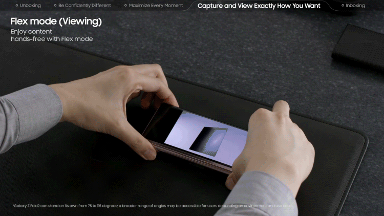 User watches content on the Galaxy Z Fold2's Cover Screen and Main Screen hands-free.