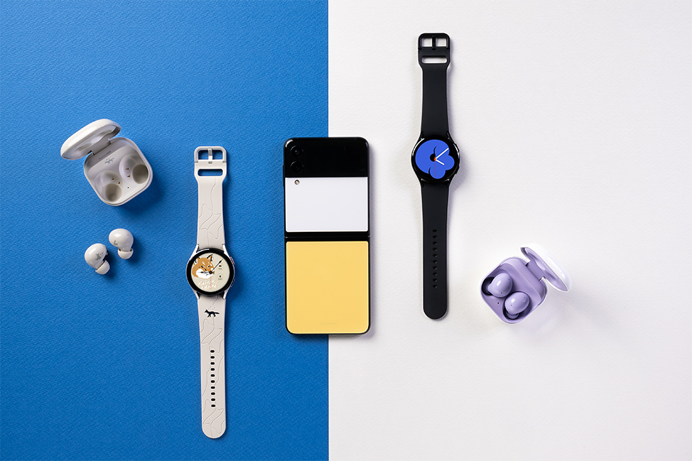 Photo of Galaxy Z Flip3 Galaxy Watch4 and Galaxy Buds2 with blue and white background