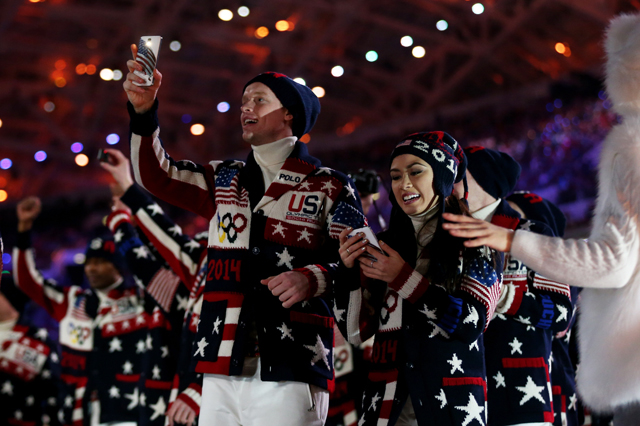 Athletes enjoying the opening ceremony of the Sochi 2014 Olympic Winter Games with the official Olympic Games phones, the Samsung Galaxy Note 3