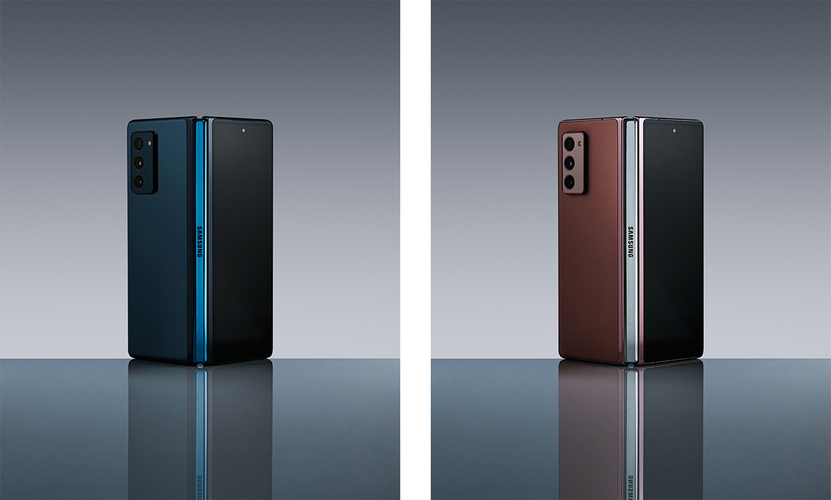 A compilation of images showing the colorful hinge of the Galaxy Z Fold2.