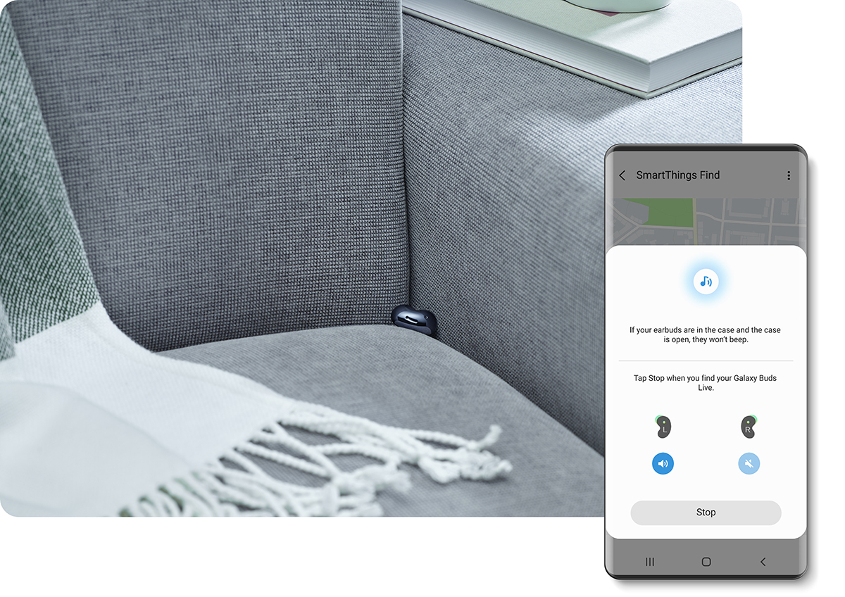 An image of a galaxy bud placed in the corner of a gray couch overlapping with an image of a device showing SmartThings Find service in action.