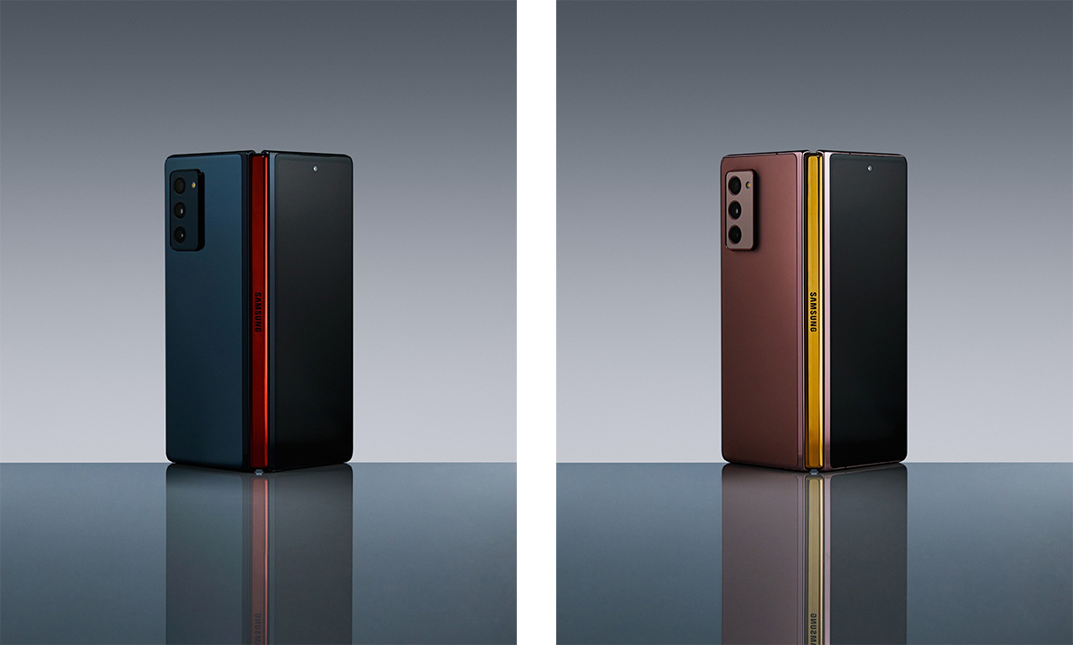 A compilation of images showing the colorful hinge of the Galaxy Z Fold2.