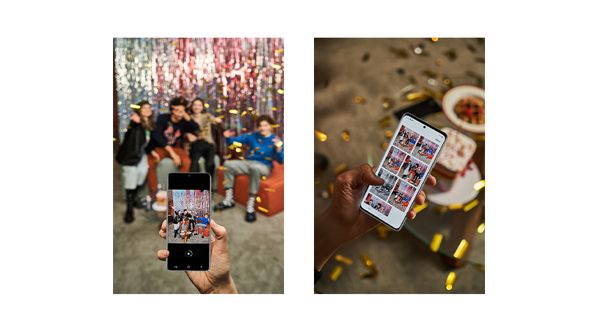 Person using Single Take feature on Galaxy S20 Ultra to take photo of friends at party