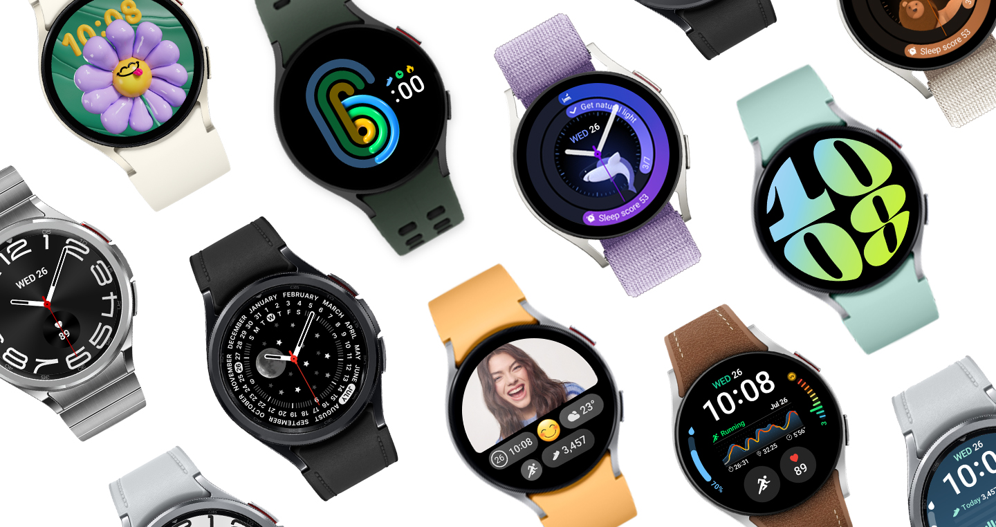 Press Release image of Galaxy Watch6 and Galaxy Watch6 Classic mixed and matched with various watch faces and bands