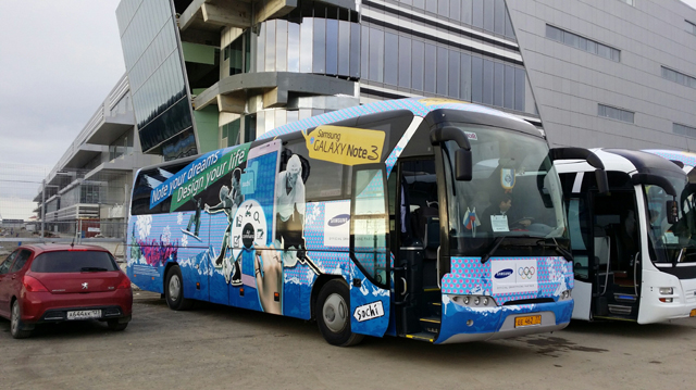 Samsung’s Sochi 2014 outdoor advertising campaign wrapped around a coach bus travelling around Sochi.