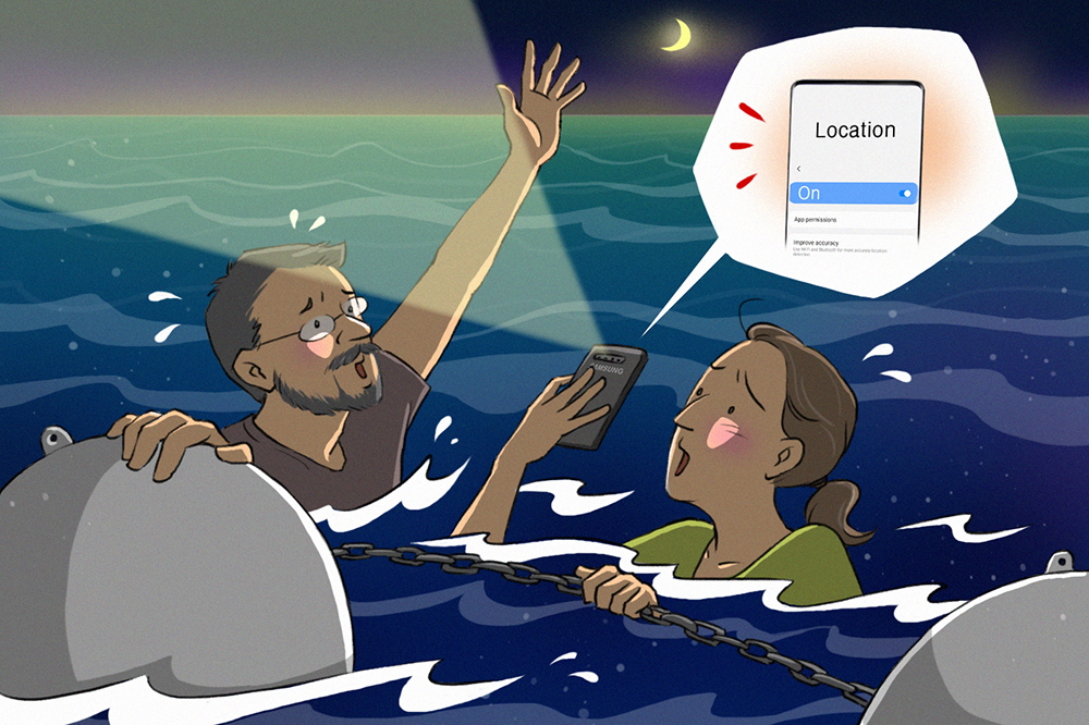 Cartoon of couple stranded in water contacting emergency services with the Galaxy S10