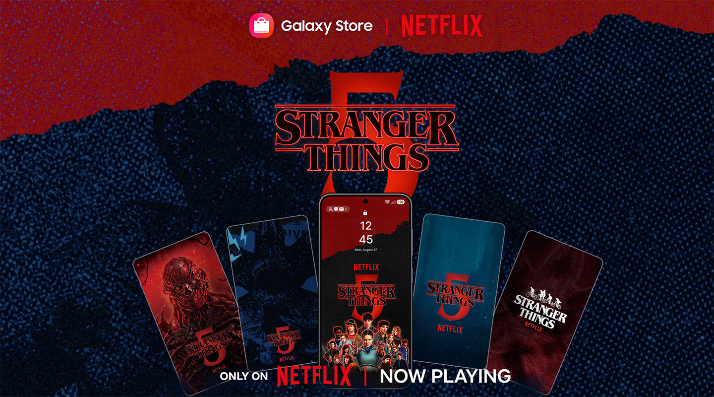Campaign visual featuring five wallpaper designs, with one displayed on a Galaxy phone. Above, the Galaxy Store and Netflix logos are arranged side by side. 